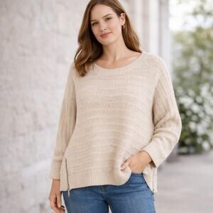 Garnet Hill SZ S Lambswool Angora Pullover Sweater Side Zips Tan